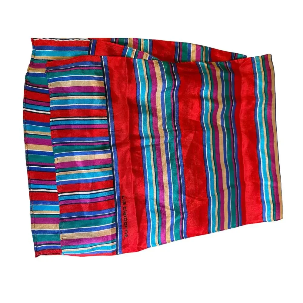 Vintage Liz Claiborne Vibrant Colorful Striped Silk Rectangular Neck Scarf